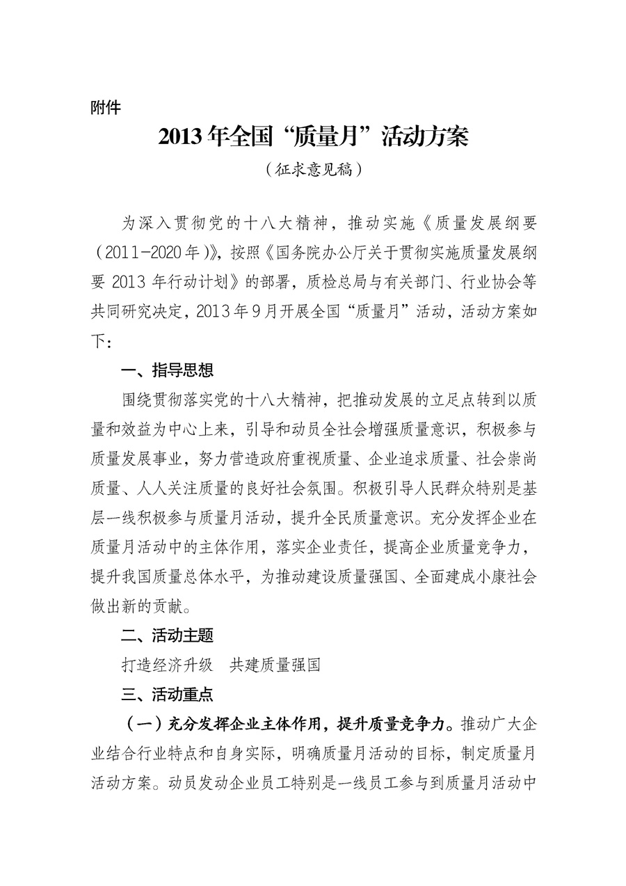 國家質(zhì)量監(jiān)督檢驗檢疫總局《質(zhì)檢總局辦公廳關(guān)于征求<2013年全國&ldquo;質(zhì)量月&rdquo;活動方案>意見的函》